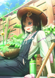 Rule 34 | 1girl, aiuabo, basket, black eyes, black hair, black overalls, bottle, day, fence, flower, food, gloves, unworn gloves, green nails, hair flower, hair ornament, hat, highres, hoe, holding, holding basket, leaf, long hair, md5 mismatch, nail polish, neck ribbon, okra, open mouth, original, outdoors, overalls, pink gloves, plant, resolution mismatch, ribbon, shirt, sitting, solo, source larger, straw hat, sweat, tomato, vegetable, water bottle, white flower, white ribbon, white shirt, wooden fence, yellow flower, zucchini (vegetable)