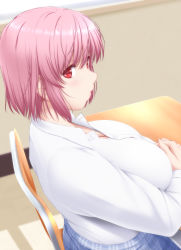 Rule 34 | 1girl, alternate costume, breasts, chair, commentary, desk, dress shirt, from side, highres, large breasts, long sleeves, looking at viewer, looking to the side, nori tamago, pink hair, red eyes, saigyouji yuyuko, school chair, school desk, shirt, short hair, sitting, skirt, solo, touhou, white shirt