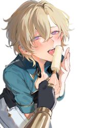 Rule 34 | 2boys, absurdres, aqua shirt, aventurine (honkai: star rail), blonde hair, blush, collared shirt, dr. ratio (honkai: star rail), eating, feeding, fellatio, food, gloves, heart, heart-shaped pupils, highres, holding, holding food, honkai: star rail, honkai (series), koukai sita, licking, looking at viewer, male focus, multicolored eyes, multiple boys, open collar, open mouth, oral, out of frame, popsicle, pov, pov hands, purple eyes, ringed eyes, sexually suggestive, shirt, short hair, simple background, simulated fellatio, solo focus, sweat, symbol-shaped pupils, tongue, twitter username, white background, yaoi