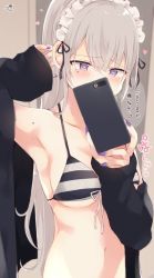 Rule 34 | 1girl, arm up, armpits, bad id, bad twitter id, bare shoulders, bikini, black jacket, breasts, collarbone, covering own mouth, front-tie bikini top, front-tie top, grey hair, halterneck, heart, heart-shaped pupils, holding, jacket, long hair, long sleeves, looking at viewer, maid headdress, medium breasts, mole, mole on shoulder, mole under eye, muuran, nail polish, navel, off shoulder, open clothes, open jacket, original, phone, purple eyes, purple nails, solo, speech bubble, stomach, string bikini, striped bikini, striped clothes, swimsuit, symbol-shaped pupils, translation request, upper body