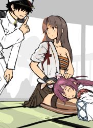 Rule 34 | 10s, admiral (kancolle), alternate hair color, bandeau, bow, drooling, finger to mouth, hair bow, hair intakes, hand on own knee, japanese clothes, kantai collection, lap pillow, long hair, pleated skirt, saliva, shouhou (kancolle), shushing, skirt, sleeping, strapless, thighhighs, tomamatto, tube top, zettai ryouiki, zuihou (kancolle)