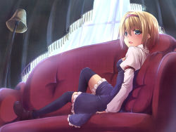 Rule 34 | 1girl, adapted costume, alice margatroid, ankle boots, bad id, bad pixiv id, black thighhighs, blonde hair, blue dress, blue eyes, blue skirt, boots, breasts, colored eyelashes, couch, curtains, dress, female focus, frilled skirt, frills, hairband, lamp, long sleeves, looking back, lying, on back, open mouth, oukawa yuu, pillow, puffy sleeves, shoes, short hair, sitting, skirt, small breasts, solo, thighhighs, touhou, window, zettai ryouiki