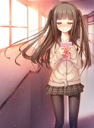 Rule 34 | 1girl, bad id, bad pixiv id, black pantyhose, black sailor collar, blush, brown cardigan, brown hair, brown skirt, cardigan, closed mouth, collarbone, feet out of frame, gift, half-closed eyes, holding, holding gift, indoors, long sleeves, murano, nose blush, original, pantyhose, plaid, plaid skirt, pleated skirt, sailor collar, school uniform, serafuku, skirt, sleeves past wrists, smile, solo, sunlight, sunset, two side up, window