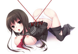Rule 34 | 1girl, arms behind back, ass, bad id, bad pixiv id, bdsm, bent over, black hair, black pantyhose, blush, bondage, bound, box tie, breast press, breasts, brown hair, clothes pull, itou nanami, large breasts, long hair, lying, necktie, nipples, no bra, open clothes, open mouth, open shirt, original, panties, pantyhose, pantyhose pull, purple eyes, red eyes, rope, saliva, saliva trail, school uniform, shirt, short hair, solo, tongue, top-down bottom-up, torn clothes, torn pantyhose, underwear, white panties