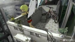 Rule 34 | 1girl, 745, apartment, balcony, bicycle, black tank top, blonde hair, chinese commentary, clothesline, condenser unit, from above, highres, indoors, laundry, original, outdoors, plant, potted plant, red shorts, shirt, short hair, shorts, solo, standing, tank top, tile floor, tiles, unworn clothes, weibo watermark, window