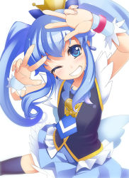 Rule 34 | 10s, 1girl, blue eyes, blue hair, blue skirt, blue thighhighs, blush, brooch, crown, cure princess, double v, earrings, eyelashes, grin, hair ornament, hair ribbon, happinesscharge precure!, happy, heart, heart brooch, jewelry, long hair, looking at viewer, magical girl, matching hair/eyes, one eye closed, precure, ribbon, shirayuki hime, shirt, simple background, skirt, smile, solo, thighhighs, thighs, twintails, v, wapokichi, white background, wink, wrist cuffs, zettai ryouiki