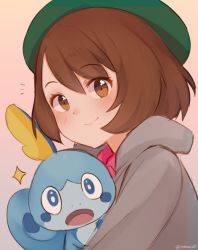 Rule 34 | 1girl, brown eyes, brown hair, closed mouth, commentary, creatures (company), english commentary, game freak, gen 8 pokemon, gloria (pokemon), green headwear, grey hoodie, hat, hood, hoodie, looking at viewer, nintendo, notice lines, pink background, pokemon, pokemon (creature), pokemon swsh, short hair, signature, simple background, smile, sobble, tam o&#039; shanter, temachii