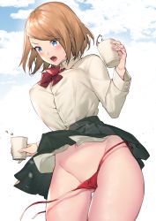 Rule 34 | 1girl, absurdres, black skirt, blue eyes, blush, bow, bow panties, bowtie, brown hair, collared shirt, commentary request, cowboy shot, cup, groin, highres, holding, holding cup, itohana, long sleeves, navel, open mouth, original, paid reward available, panties, red bow, red bowtie, red panties, school uniform, shirt, short hair, side-tie panties, skirt, solo, textless version, thigh gap, underwear, untied panties, wardrobe malfunction, white shirt, wind, wind lift