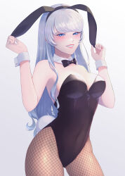Rule 34 | 1girl, animal ears, black bow, black bowtie, black leotard, blue eyes, bow, bowtie, breasts, brown pantyhose, cleavage, commentary request, contrapposto, cowboy shot, detached collar, fake animal ears, fishnet pantyhose, fishnets, gradient background, highres, leotard, lips, medium breasts, original, pantyhose, parted lips, playboy bunny, queen elicca, rabbit ears, rabbit tail, solo, standing, strapless, strapless leotard, tail, white background, white hair, wrist cuffs