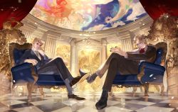 Rule 34 | 2boys, blonde hair, blue eyes, blush, braid, chair, dio brando, earrings, father and son, formal, giorno giovanna, gold experience, highres, jewelry, jojo no kimyou na bouken, long hair, looking at viewer, male focus, multiple boys, nail polish, natsuko (summer 525528), necktie, phantom blood, pompadour, short hair, stand (jojo), stardust crusaders, suit, the world, tuxedo, vampire, vento aureo