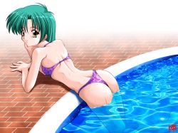 Rule 34 | 1girl, ass, bikini, breasts, female focus, green hair, highres, kneeling, partially submerged, pool, short hair, small breasts, solo, swimsuit, water, yellow eyes
