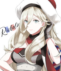 Rule 34 | 10s, 1girl, adjusting hair, armband, beret, black gloves, blonde hair, blue eyes, breasts, character name, closed mouth, french flag, gloves, hair between eyes, hand in own hair, hand up, hat, kantai collection, light smile, lips, long hair, looking at viewer, medium breasts, mole, mole under eye, mole under mouth, morinaga miki, multicolored clothes, multicolored scarf, richelieu (kancolle), scarf, simple background, solo, strapless, underbust, upper body, white background, white hat