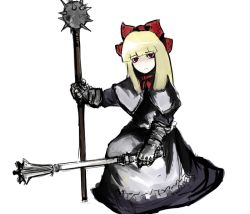 Rule 34 | 1girl, apron, bad id, bad pixiv id, blonde hair, dress, female focus, flail, gauntlets, hair ribbon, mace, morning star, red eyes, ribbon, shanghai doll, solo, spiked mace, spikes, touhou, un-known (ninesix), weapon