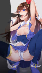 Rule 34 | 1boy, 1girl, arm up, armpits, blue eyes, blue footwear, blue skirt, blue thighhighs, blue vest, blush, breasts, breasts out, breath, brown hair, cameltoe, cleft of venus, collared shirt, commentary, fellatio, full body, grey background, hair ornament, hair ribbon, hcz n, hetero, high heels, highres, hololive, long hair, medium breasts, midriff, miniskirt, navel, nipples, open clothes, open mouth, open shirt, oral, panties, pleated skirt, pussy juice, ribbon, saliva, shirt, shoes, simple background, skirt, solo focus, spread legs, squatting, star (symbol), star hair ornament, steaming body, symbol-only commentary, thighhighs, thighs, tokino sora, tokino sora (1st costume), transparent, underwear, vest, virtual youtuber, wet, wet clothes, wet panties, white panties, white shirt, wrist cuffs