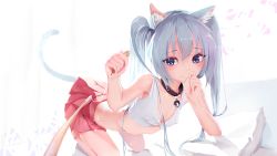 Rule 34 | 1girl, absurdres, animal ears, aqua eyes, aqua hair, blush, breasts, cat ears, cat girl, cat tail, cat teaser, fang, hatsune miku, highres, kentia, kentllaall, long hair, midriff, simple background, skirt, small breasts, solo, tail, twintails, very long hair, vocaloid