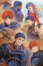 Rule 34 | :d, armor, beard, beckoning, black armor, blue hair, cape, collage, dark blue hair, eliwood (fire emblem), facial hair, father and daughter, fire emblem, fire emblem: the binding blade, fire emblem: the blazing blade, hair slicked back, hector (fire emblem), highres, lilina (fire emblem), long beard, long hair, looking at viewer, mature male, nintendo, open mouth, outstretched hand, reaching, reaching towards viewer, red cape, roy (fire emblem), sdz (inazuma), short hair, sideburns, sitting on shoulder, smile, thick eyebrows, thick mustache, upper body