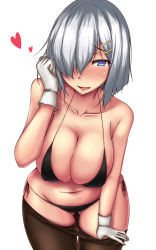 Rule 34 | 1girl, bad id, bad pixiv id, bare shoulders, black pantyhose, blue eyes, blush, breasts, cleavage, clothes pull, collarbone, covered erect nipples, day, gloves, hair ornament, hair over one eye, hairclip, hamakaze (kancolle), heart, heart-shaped pupils, highres, kantai collection, large breasts, leaning forward, looking at viewer, navel, open mouth, pantyhose, pantyhose pull, short hair, silver hair, simple background, skindentation, smile, solo, stomach, symbol-shaped pupils, terakoya, thighs, underwear, white background, white gloves