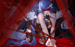 Rule 34 | 1girl, 333 (pixiv8601259), absurdres, all fours, bare shoulders, black legwear, blindfold, blue hair, blush, breasts, chained wrists, cum, cum in mouth, cum on hands, fangs, ganyu (genshin impact), genshin impact, gloves, goat horns, highres, horns, long hair, medium breasts, nipples, pubic tattoo, purple eyes, solo, tail, tattoo, torn clothes, torn legwear, very long hair