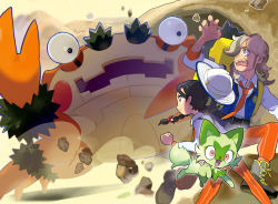 Rule 34 | 1boy, 1girl, 2others, :o, absurdres, artist request, arven (pokemon), backpack, bag, black hair, blue vest, boots, braid, brown footwear, clenched hand, collared shirt, creatures (company), desert, determined, dust cloud, game freak, hair over one eye, hair ribbon, hat, highres, juliana (pokemon), jumping, klawf, long hair, multiple others, necktie, nintendo, official art, orange necktie, orange pants, pants, pokemon, pokemon (creature), pokemon sv, red ribbon, ribbon, rock, scared, shirt, sprigatito, surprised, titan pokemon, vest, white headwear, white shirt, wide brim, yellow bag