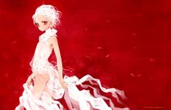 Rule 34 | 1girl, absurdres, ass, bare shoulders, blush, collared dress, dated, dress, feathers, feet out of frame, flat chest, hair pulled back, highres, looking at viewer, ooyari ashito, original, red background, red eyes, redrawn, see-through, see-through dress, short hair, signature, simple background, sleeveless, sleeveless dress, smile, solo, white dress, white hair