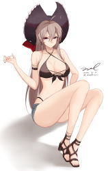 Rule 34 | 1girl, ahoge, arm strap, ass, azur lane, bare legs, bare shoulders, bikini, bikini under clothes, black bikini, black footwear, black hat, breasts, brown hair, cleavage, closed mouth, collarbone, criss-cross halter, cross-laced bikini, cross-laced clothes, cutoffs, dated, denim, denim shorts, earrings, front-tie bikini top, front-tie top, frown, full body, hair between eyes, halterneck, hand up, hat, highleg, highleg bikini, highres, jean bart (azur lane), jean bart (private apres midi) (azur lane), jewelry, large breasts, long hair, looking at viewer, micro shorts, necklace, pirate hat, red eyes, sandals, shadow, shorts, signature, sitting, solo, stomach, string bikini, swimsuit, thighs, twitter username, unel, very long hair