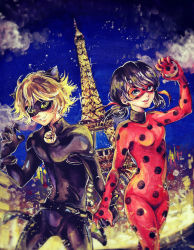 Rule 34 | 1boy, 1girl, absurdres, adrien agreste, black bodysuit, black hair, blue eyes, bodysuit, chat noir, colored sclera, domino mask, eiffel tower, green sclera, holding hands, helium (alethea yarin), hetero, highres, ladybug (character), long hair, looking at viewer, low twintails, magical girl, marinette dupain-cheng, mask, miraculous ladybug, night, night sky, polka dot, sky, twintails