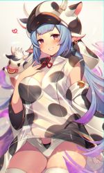 Rule 34 | 1girl, animal ears, animal print, bad id, bad pixiv id, bare shoulders, bikini, blue hair, blush, breasts, catura (granblue fantasy), chromatic aberration, cleavage, cow, cow ears, cow girl, cow hat, cow horns, cow print, cow print sleeves, detached collar, detached sleeves, draph, ear piercing, granblue fantasy, grin, highres, homaderi, horns, large breasts, long hair, looking at viewer, navel, piercing, pointy ears, purple eyes, see-through, short shorts, shorts, smile, solo, swimsuit, thighhighs, thighs, white bikini, white shorts, white thighhighs, wide sleeves