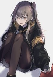 Rule 34 | 1girl, absurdres, armband, bad id, bad twitter id, brown hair, clothes grab, commentary request, fingerless gloves, fuku00, girls&#039; frontline, gloves, hand on own knee, highres, hood, hooded jacket, jacket, knees to chest, long hair, looking at viewer, one side up, open mouth, pantyhose, scar, scar across eye, scar on face, sitting, ump45 (girls&#039; frontline), yellow eyes