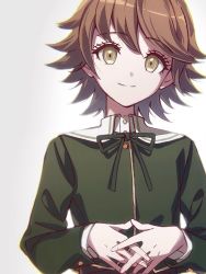 Rule 34 | 1boy, brown eyes, brown hair, closed mouth, collared shirt, commentary, danganronpa: trigger happy havoc, danganronpa (series), dress shirt, flipped hair, fujisaki chihiro, green eyes, green jacket, grey background, jacket, kanata (loser51), long sleeves, looking at viewer, male focus, neck ribbon, own hands together, ribbon, shirt, short hair, simple background, smile, solo, symbol-only commentary, trap, upper body