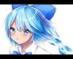 Rule 34 | 1girl, absurdres, bad id, bad pixiv id, blue bow, blue eyes, blue hair, blush, bow, cirno, hair between eyes, hair bow, highres, ice, ice wings, letterboxed, looking at viewer, parted lips, portrait, shinonome asu, simple background, solo, touhou, white background, wings