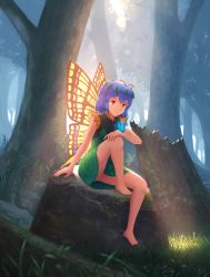 Rule 34 | 1girl, aletto-mikan, animal, antennae, aqua hair, barefoot, bug, butterfly, butterfly wings, closed mouth, dress, eternity larva, fairy, green dress, hair between eyes, highres, insect, insect wings, leaf, leaf on head, multicolored clothes, multicolored dress, orange eyes, short hair, short sleeves, sitting, smile, solo, touhou, tree, wings