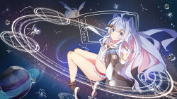 1girl ahoge animal_ears bare_legs bell black_coat black_socks blue_eyes braid breasts coat constellation floating_hair frilled_panties frills hair_ornament hand_up highres holding indie_virtual_youtuber jingle_bell kagura_nana long_hair long_sleeves looking_at_viewer magic_circle mary_janes multicolored_hair no_pants open_clothes open_coat panties pink_hair planet rika_(mikunopantsu) sarashi shoes silver_hair small_breasts smile socks solo stomach stylus thighs two-tone_hair underwear very_long_hair virtual_youtuber white_footwear