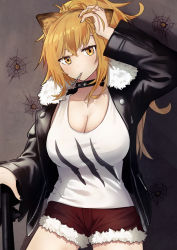 Rule 34 | 1girl, animal ears, arknights, arm up, black choker, black jacket, black nails, blonde hair, breasts, choker, cleavage, commentary, cowboy shot, fur-trimmed jacket, fur-trimmed shorts, fur trim, highres, jacket, large breasts, lion ears, long hair, long sleeves, looking at viewer, mouth hold, nail polish, open clothes, open jacket, red shorts, shadow, short shorts, shorts, siege (arknights), solo, standing, tank top, torikaze ito, white tank top, yellow eyes