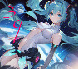 Rule 34 | 1girl, 39, :o, absurdres, bare shoulders, black sleeves, black thighhighs, blue eyes, blue hair, blurry, breasts, center opening, detached sleeves, earth (planet), floating hair, hair ornament, hatsune miku, hatsune miku (append), highres, long hair, long sleeves, looking at viewer, medium breasts, miku day, navel, necktie, parted lips, planet, shanguier, shirt, sleeveless, sleeveless shirt, solo, stomach, thighhighs, thighs, twintails, very long hair, vocaloid, vocaloid append, white shirt