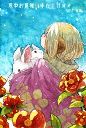 Rule 34 | 1girl, animal, animal ears, artist name, blonde hair, blue eyes, cape, chinese zodiac, commentary request, dated, flower, green sweater, holding, holding animal, holding rabbit, kanchuumimai, looking afar, looking up, orange flower, original, purple cape, rabbit, short hair, solo, sweater, tokio (okt0w0), translation request, upper body, white rabbit (animal), year of the rabbit