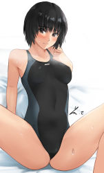 Rule 34 | 1girl, amagami, arm support, artist name, ass, bare shoulders, bed sheet, black hair, black one-piece swimsuit, blue hair, blue one-piece swimsuit, breasts, brown eyes, commentary, competition swimsuit, feet out of frame, hand on own chest, highres, light smile, medium breasts, nanasaki ai, on bed, one-piece swimsuit, raised eyebrows, revision, short hair, sideways glance, signature, sitting, solo, spread legs, sweatdrop, swimsuit, two-tone swimsuit, wet, white background, yoo tenchi