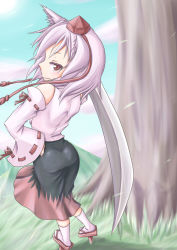 Rule 34 | 1girl, animal ears, ass, bare shoulders, detached sleeves, geta, hand on own hip, hat, inubashiri momiji, kounotsuki yuu, looking at viewer, looking back, nature, over shoulder, pom pom (clothes), red eyes, ribbon-trimmed sleeves, ribbon trim, short hair, silver hair, smile, solo, sword, sword over shoulder, tokin hat, touhou, tree, weapon, weapon over shoulder, wolf ears