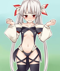 Rule 34 | 1girl, adapted costume, alternate hairstyle, black thighhighs, blush, breasts, cosplay, dizzy (guilty gear), dizzy (guilty gear) (cosplay), fujiwara no mokou, grey hair, guilty gear, hair ribbon, long hair, looking at viewer, medium breasts, miyo (ranthath), navel, red eyes, revealing clothes, ribbon, solo, thighhighs, touhou, twintails, very long hair, wavy mouth