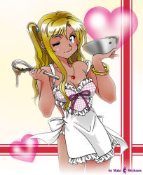 Rule 34 | 1girl, apron, blonde hair, blue eyes, bowl, breasts, cleavage, dark-skinned female, dark skin, earrings, ganguro, heart, heart necklace, jewelry, lots of jewelry, maki michaux, misakitchi, nearly naked apron, necklace, one eye closed, original, panties, side ponytail, solo, underwear, whisk