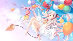 Rule 34 | 1girl, animal, animal hug, arm ribbon, arm up, balloon, bare shoulders, barefoot, blue sky, bow, breasts, cloud, cone hair bun, day, demon tail, dog, dress, floating hair, gradient hair, grey hair, hair bun, highres, holding, holding balloon, honey strap, knees together feet apart, kusumoto shizuru, lace, lace-trimmed dress, lace trim, long hair, medium breasts, multicolored hair, nanashi inc., outdoors, parted lips, pink hair, red bow, red eyes, red ribbon, ribbon, sky, sleeveless, sleeveless dress, smile, solo, suou patra, tail, very long hair, virtual youtuber, white dress