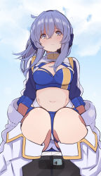 Rule 34 | 1girl, blue eyes, blue hair, blue skirt, boots, breasts, cleavage, cowboy shot, cropped jacket, gotland (kancolle), headphones, highres, jacket, kantai collection, knee boots, long hair, looking at viewer, medium breasts, midriff, mole, mole under eye, navel, official alternate costume, race queen, skirt, solo, stomach, suzuki toto, white jacket