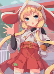Rule 34 | 1girl, ahoge, animal ears, animal hood, black shirt, blonde hair, blue eyes, blush, commentary request, day, fake animal ears, fang, hakama, hakama short skirt, hakama skirt, highres, hood, hood up, hooded jacket, jacket, japanese clothes, layered sleeves, long hair, long sleeves, looking at viewer, low twintails, open mouth, original, outdoors, rabbit ears, rabbit hood, red hakama, shirt, short over long sleeves, short sleeves, skirt, solar milk, solo, standing, sweat, thighhighs, torii, twintails, very long hair, white jacket, white thighhighs, wide sleeves