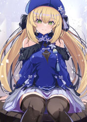 Rule 34 | 1girl, artoria caster (concept dress) (fate), artoria caster (fate), artoria pendragon (fate), bare shoulders, beret, blonde hair, blue hat, blue shirt, blush, breasts, brown thighhighs, fate/grand order, fate (series), green eyes, hat, long hair, long sleeves, looking at viewer, neko daruma, off shoulder, pleated skirt, shirt, sitting, skirt, small breasts, smile, solo, tassel, thighhighs, thighs, twintails, white skirt