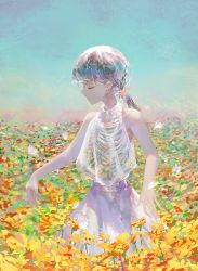 Rule 34 | 1girl, absurdres, bare shoulders, bug, butterfly, eyelashes, closed eyes, faux traditional media, field, flower, flower field, highres, bug, light smile, mole, mole under eye, original, pale skin, ponytail, ribs, rsef, see-through, solo