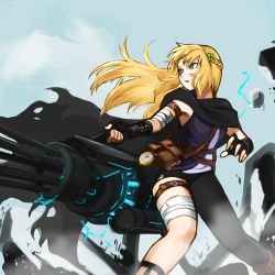 Rule 34 | 1girl, badnick69 (camchi), bag, black gloves, black pants, blonde hair, capelet, feet out of frame, future knight, gloves, green eyes, guardian tales, gun, highres, holding, holding weapon, long hair, looking away, machine gun, open mouth, pants, sky, weapon