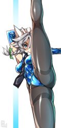 Rule 34 | 1girl, abs, alternate costume, arm behind head, ass, black necktie, black pantyhose, blue eyes, bow, braid, breasts, colored eyelashes, detached collar, elbow gloves, flexible, gloves, hair bow, highres, izayoi sakuya, kicking, latex, latex gloves, leg up, legs, leotard, long legs, looking at viewer, maid headdress, necktie, no mouth, one eye covered, outstretched arm, pantyhose, shiny clothes, shiny skin, short hair, silver hair, solo, stretching, tajima yuuki, thighband pantyhose, thighs, thong leotard, touhou, twin braids, watermark, white background