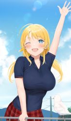 Rule 34 | 1girl, :d, arm support, bird, blonde hair, blue eyes, blue sky, blush, breasts, character request, cloud, cloudy sky, day, hair ornament, hairclip, highres, idolmaster, large breasts, long hair, looking afar, motion lines, nekoshoko, one eye closed, open mouth, outdoors, plaid, plaid skirt, power lines, red skirt, short sleeves, skirt, sky, smile, solo, standing, sweat, twitter username, utility pole, waving, wing collar