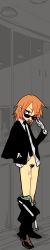 Rule 34 | 1girl, absurdres, adjusting eyewear, aftersex, black necktie, black suit, clothes pull, cum, female focus, female pubic hair, flat color, formal, full body, gloves, hand in pocket, highres, long image, looking at viewer, monochrome background, necktie, ootorii bisetsu, orange hair, original, pants, pants pull, pubic hair, purple eyes, pussy juice, shoes, sideways glance, solo, suit, sunglasses, tall image, tongue, tongue out, white gloves