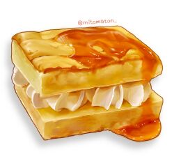 Rule 34 | artist name, cake, castella (food), food, food focus, highres, mitomaton, no humans, original, realistic, simple background, still life, syrup, twitter username, whipped cream, white background