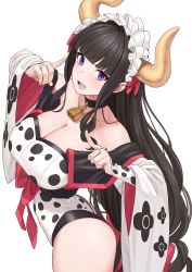 Rule 34 | 1girl, animal print, bell, blue eyes, blunt bangs, breasts, brown hair, chinese zodiac, cleavage, collar, cow horns, cow print, cowbell, detached sleeves, frilled hairband, frills, hairband, highres, horns, large breasts, leotard, long hair, long sleeves, michitaro smile, original, purple eyes, solo, very long hair, wide sleeves, year of the ox